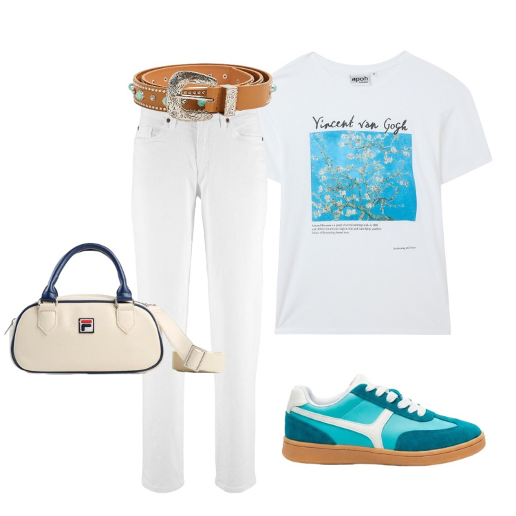 Outfit donna - Oggi easy chic. Stile Sporty chic per Tutti i giorni. Abbinamento con jeans mom, borse a tracolla, sneakers, t-shirt, cinture.