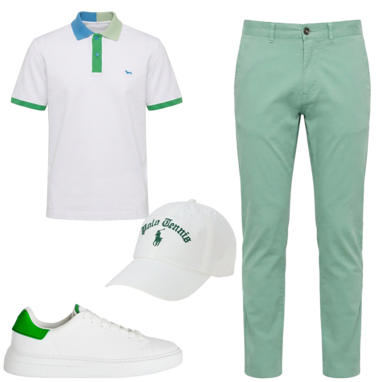 Outfit uomo - La polo dettagli colorati. Stile Urban per Tutti i giorni. Abbinamento con pantaloni, polo, sneakers, cappelli con visiera.