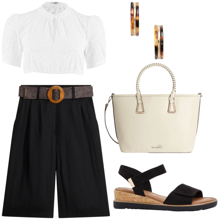 Outfit donna - Dinamismo ed eleganza. Stile Casual chic Abbinamento con camicie, sandali, bermuda, shopping bag, orecchini.
