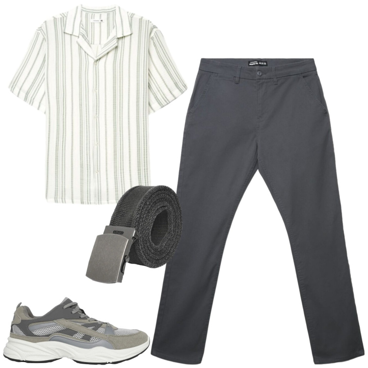 Outfit uomo - City. Stile Casual per Tutti i giorni. Abbinamento con sneakers, cinture, pantaloni chino, camicie a manica corta.