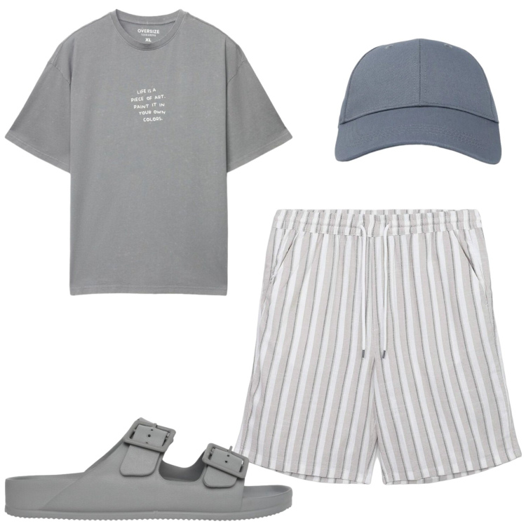 Outfit uomo - Weekend. Stile Casual per Tutti i giorni. Abbinamento con pantaloni corti, t-shirt, cappelli con visiera, sandali.