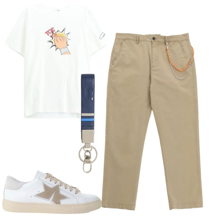 Outfit uomo - City. Stile Casual per Tutti i giorni. Abbinamento con portachiavi, pantaloni, t-shirt, sneakers.