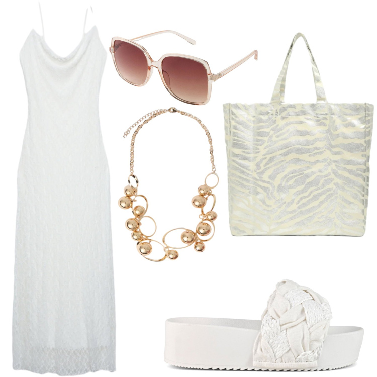 Outfit donna - Al mare come in città. Stile Casual chic Abbinamento con occhiali da sole, vestiti lunghi, shopping bag, collane, ciabatte.