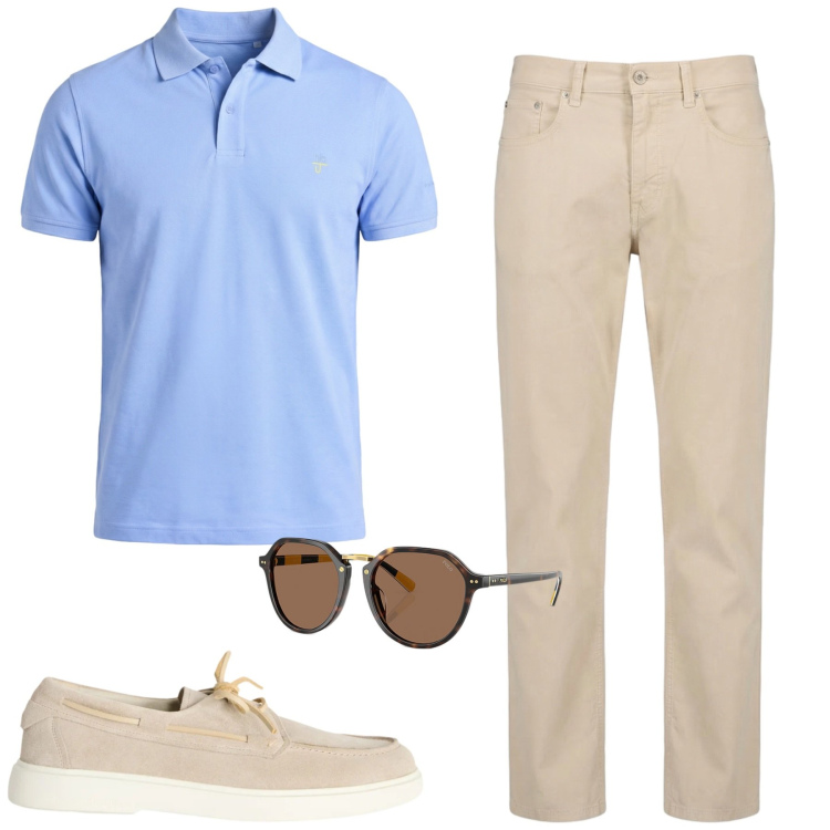 Outfit uomo - Giugno. Stile Urban per Tutti i giorni. Abbinamento con scarpe stringate, pantaloni, polo, occhiali da sole.