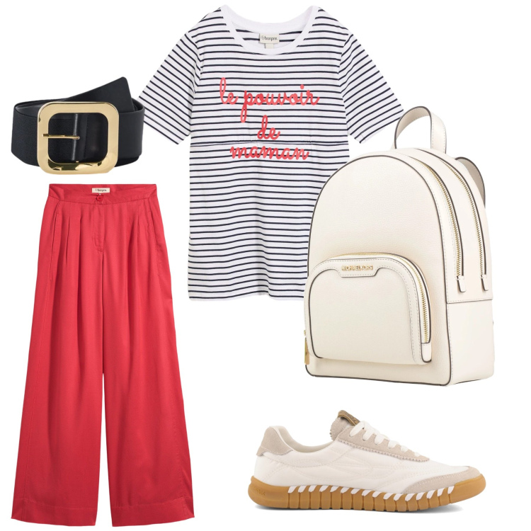Outfit donna - Mamma di corsa. per Tutti i giorni. Abbinamento con zaini, t-shirt, pantaloni, cinture, sneakers.