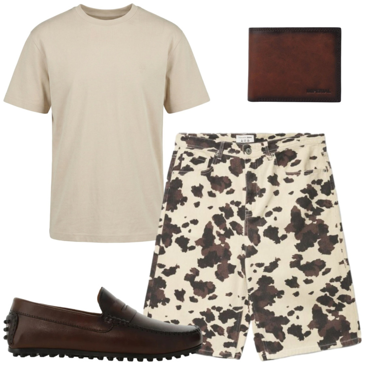 Outfit uomo - Giugno. Stile Casual per Tutti i giorni. Abbinamento con t-shirt, bermuda, scarpe stringate, portafogli.