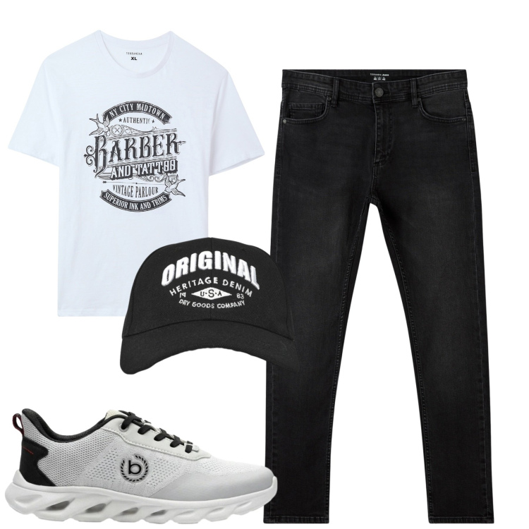 Outfit uomo - Venerdì. Stile Casual per Tutti i giorni. Abbinamento con sneakers, jeans skinny, t-shirt, cappelli con visiera.