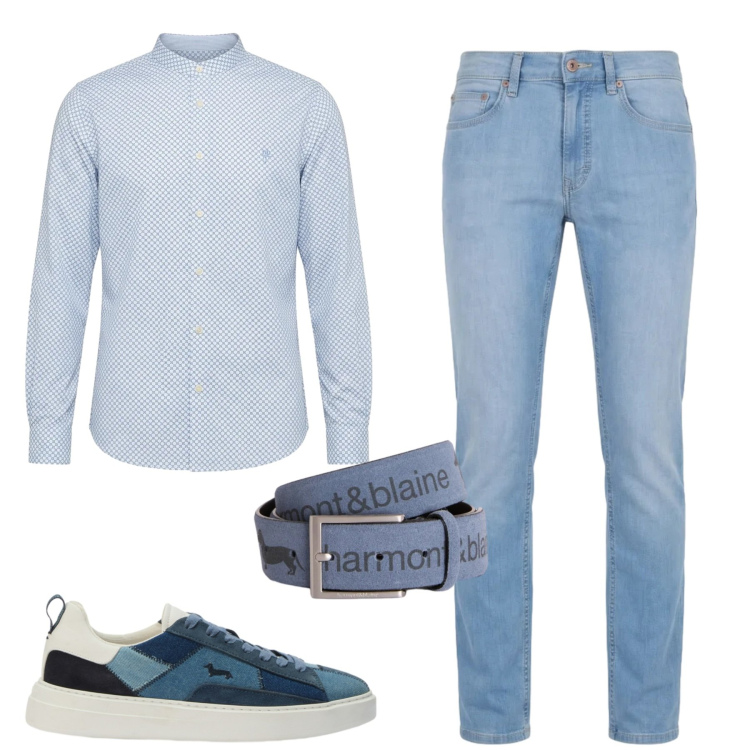 Outfit uomo - Denim chiaro. Stile Urban per Tutti i giorni. Abbinamento con cinture, jeans, sneakers, camicie.