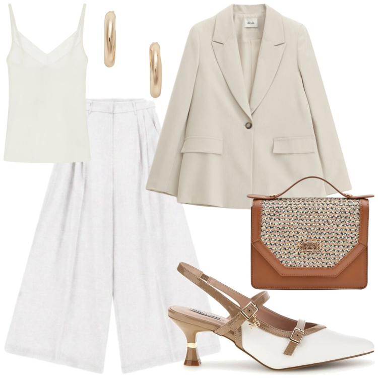 Outfit donna - Sabbia e oro. Stile Bon Ton per Tutti i giorni. Abbinamento con pochette, pantaloni a palazzo, blazer, top, orecchini, décolleté.