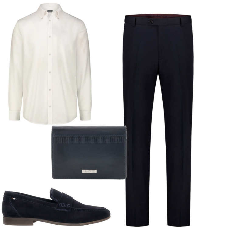 Outfit uomo - Business. Stile Business/Elegante per Tutti i giorni. Abbinamento con pantaloni, camicie, scarpe stringate, portafogli.