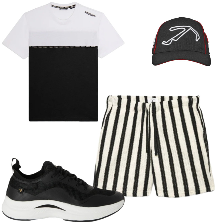 Outfit uomo - Weekend. Stile Casual per Tutti i giorni. Abbinamento con cappelli con visiera, pantaloni corti, sneakers, t-shirt.