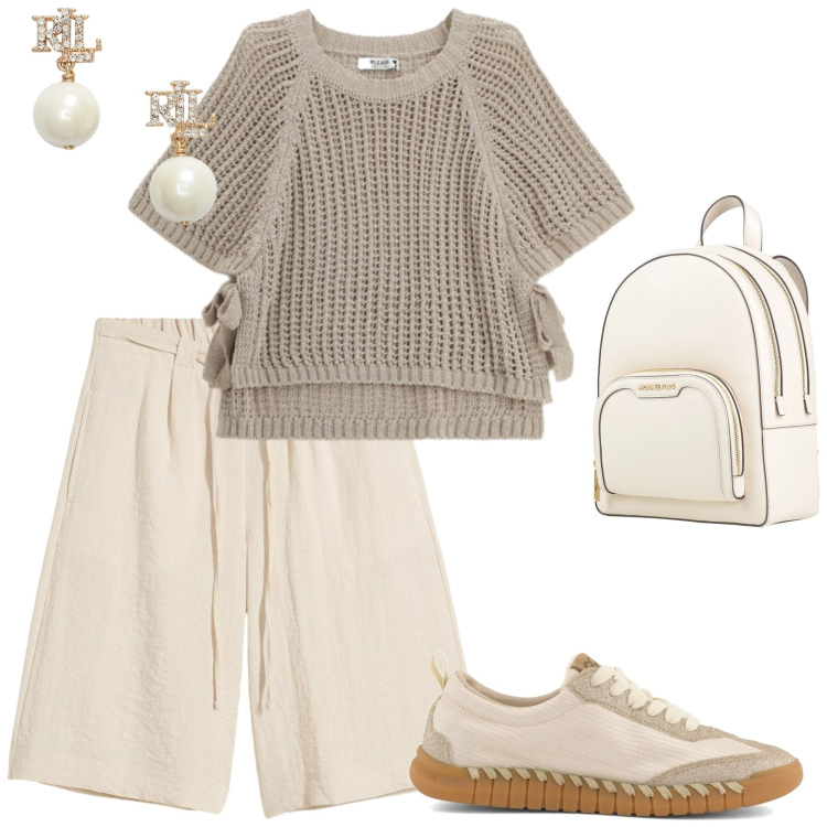 Outfit donna - Sabbia chic. Stile Chic per Tutti i giorni. Abbinamento con zaini, bermuda, top, orecchini, sneakers.