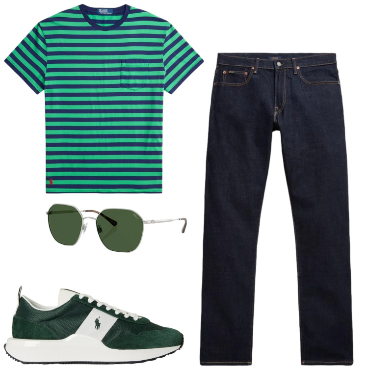 Outfit uomo - Giugno. Stile Casual per Tutti i giorni. Abbinamento con occhiali da sole, sneakers, t-shirt, jeans.