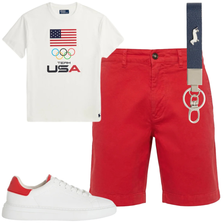 Outfit uomo - Weekend. Stile Casual per Tutti i giorni. Abbinamento con sneakers, bermuda, portachiavi, t-shirt.