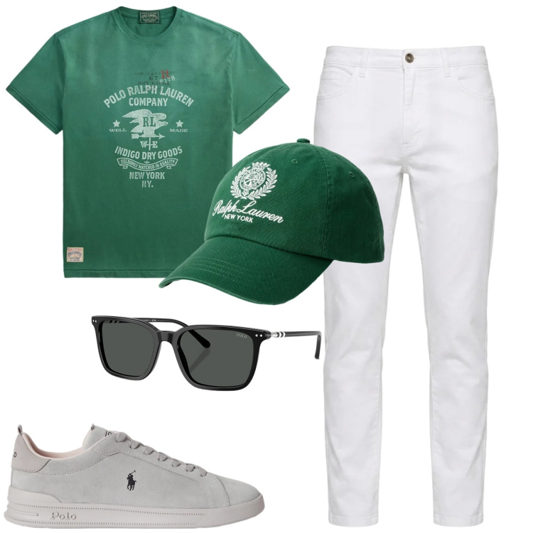 Outfit uomo - Casual curato. Stile Casual per Tutti i giorni. Abbinamento con jeans, occhiali da sole, t-shirt, cappelli con visiera, sneakers.