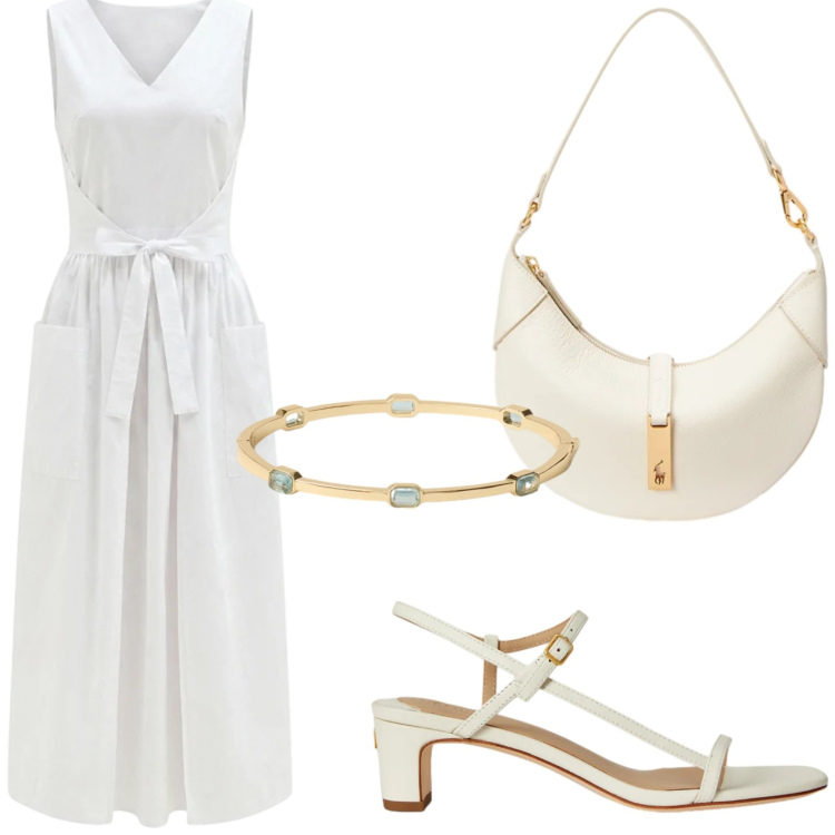 Outfit donna - L\' abito che risolve tutto. Stile Chic per Tutti i giorni. Abbinamento con vestiti lunghi, borse a spalla, sandali in pelle, braccialetti.