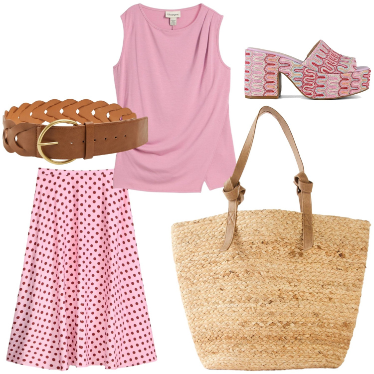 Outfit donna - Pink chic. Stile Casual chic per Tutti i giorni. Abbinamento con top, shopping bag, gonne longuette, cinture, sabot.