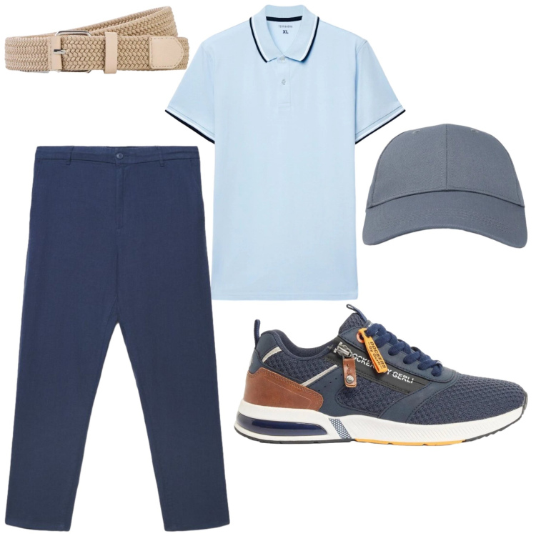 Outfit uomo - Dinamico ed elegante. Stile Casual Abbinamento con sneakers, cinture, cappelli con visiera, polo, pantaloni.