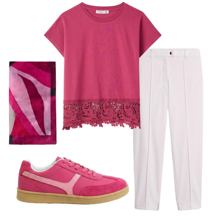 Outfit donna - Total look #2417633. Stile Basic per Ufficio. Abbinamento con pantaloni, sneakers, t-shirt, foulard.