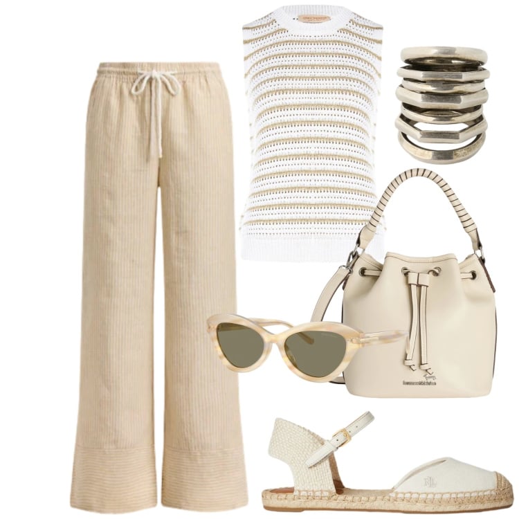 Outfit donna - Mediterranean chic. Stile Casual chic per Tutti i giorni. Abbinamento con top, borse a secchiello, espadrillas, pantaloni, occhiali da sole, anelli.