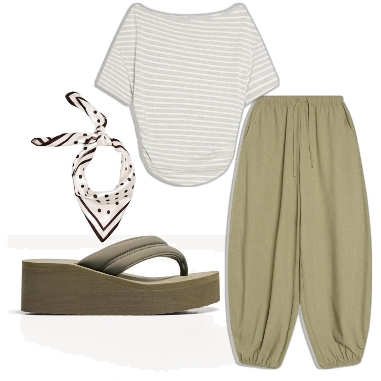 Outfit mujer - Casual look. Estilo Casual para Todos los días. Combinación con sandalias, camiseta, pantalones, bandas para el pelo.