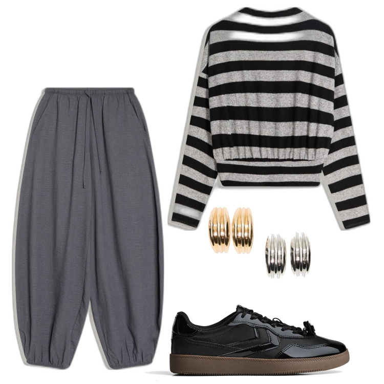 Outfit mujer - Casual look. Estilo Casual para Todos los días. Combinación con sneakers, sudaderas, pantalones, pendientes.