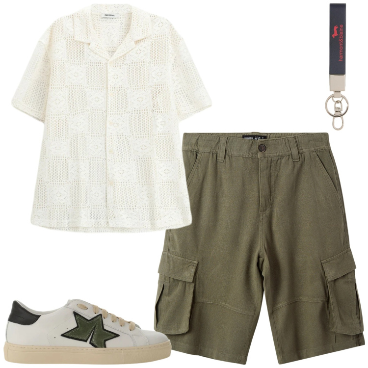 Outfit uomo - I bermuda cargo. Stile Casual per Tutti i giorni. Abbinamento con bermuda, sneakers, camicie a manica corta, portachiavi.
