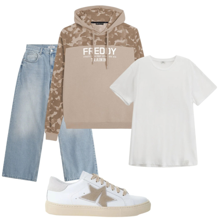 Outfit uomo - Total look #2417653. Stile Urban per Tutti i giorni. Abbinamento con jeans, t-shirt, sneakers, felpe con cappuccio.
