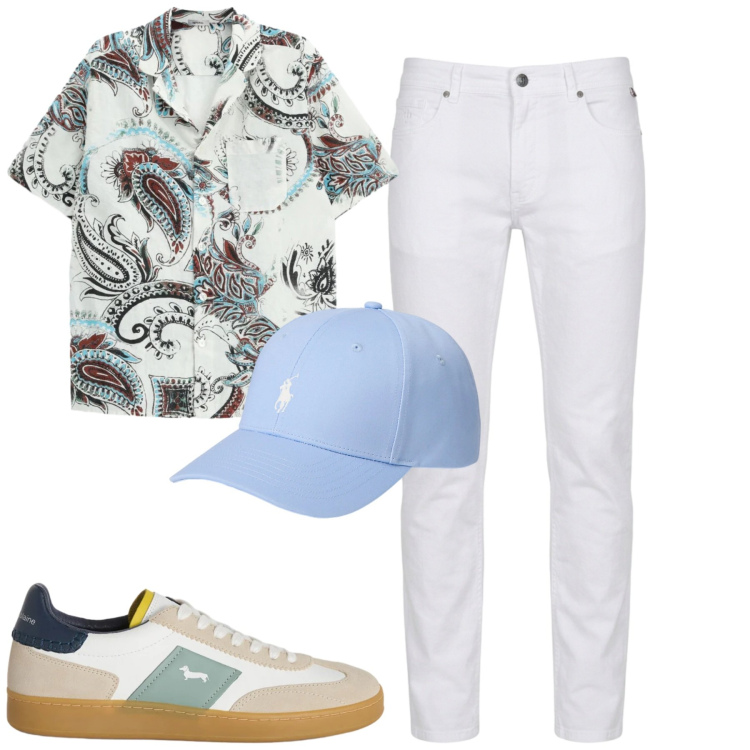 Outfit uomo - La camicia fantasia esriva. Stile Trendy per Tutti i giorni. Abbinamento con camicie a manica corta, pantaloni, sneakers, cappelli.
