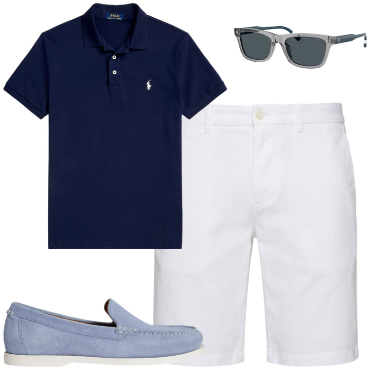 Outfit uomo - Total look #2417655. Stile Casual per Tutti i giorni. Abbinamento con bermuda, polo, scarpe stringate, occhiali da sole.