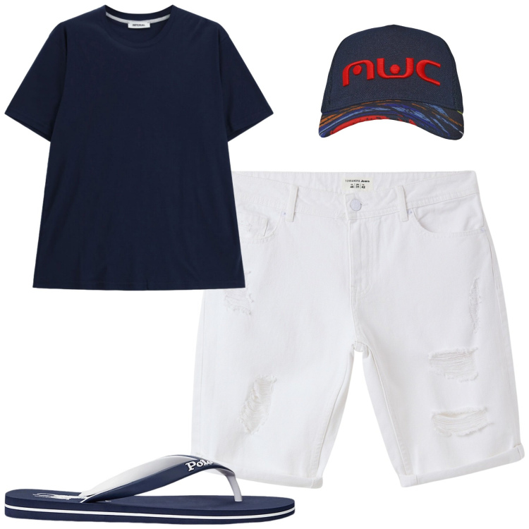 Outfit uomo - Weekend. Stile Casual per Tutti i giorni. Abbinamento con bermuda, cappelli con visiera, t-shirt, sandali.
