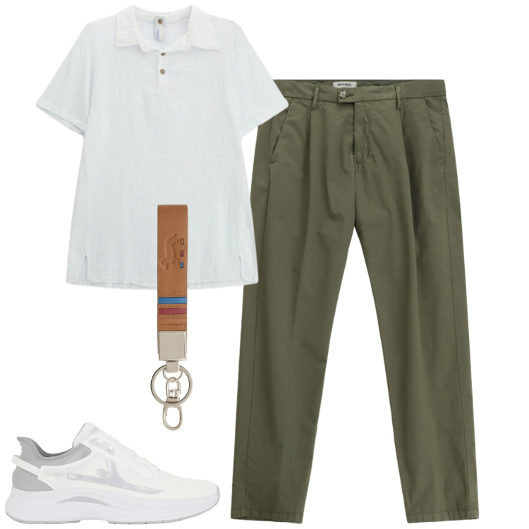 Outfit uomo - City. Stile Casual per Tutti i giorni. Abbinamento con portachiavi, sneakers, polo, pantaloni.