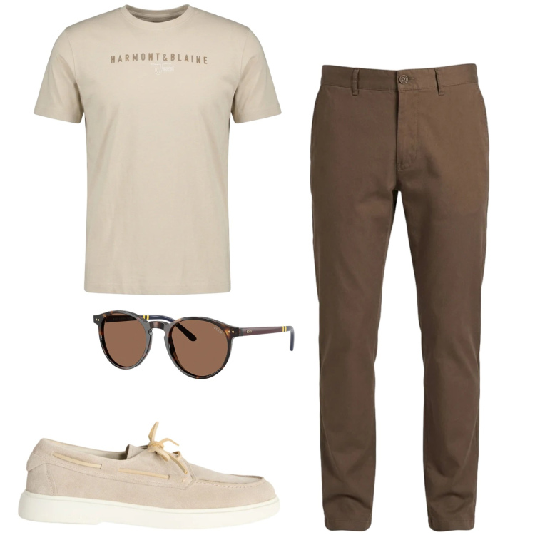 Outfit uomo - City. Stile Urban per Tutti i giorni. Abbinamento con scarpe stringate, pantaloni, t-shirt, occhiali da sole.