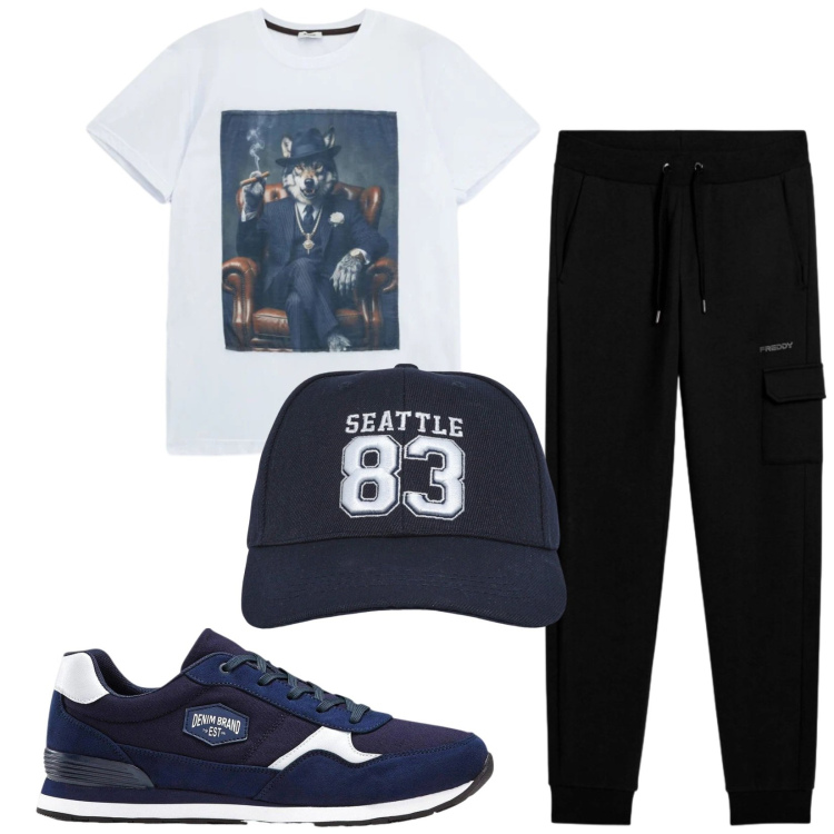 Outfit uomo - Total look #2417672. Stile Urban per Sport. Abbinamento con sneakers, cappelli, t-shirt, pantaloni cargo.