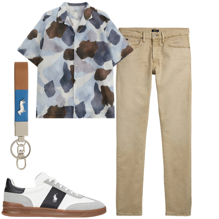 Outfit uomo - City. Stile Casual per Tutti i giorni. Abbinamento con camicie a manica corta, portachiavi, sneakers, jeans.