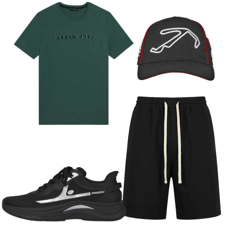 Outfit uomo - Total look #2417676. Stile Urban per Sport. Abbinamento con cappelli con visiera, pantaloni corti, t-shirt sportive, sneakers.
