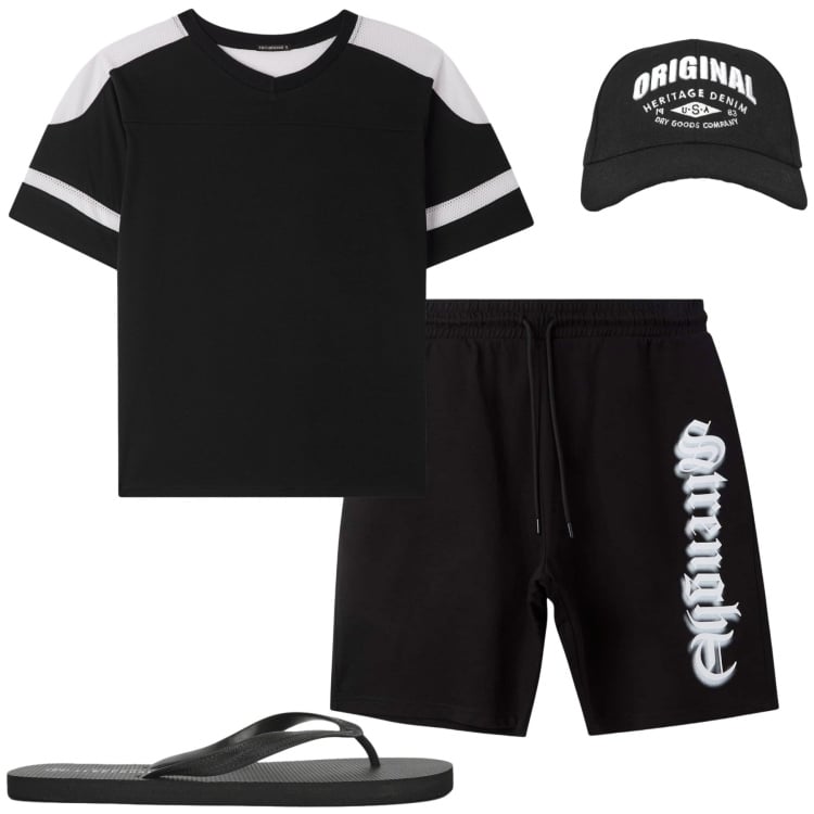 Outfit uomo - Total look #2417678. Stile Casual per Tutti i giorni. Abbinamento con bermuda, cappelli con visiera, sandali, t-shirt.