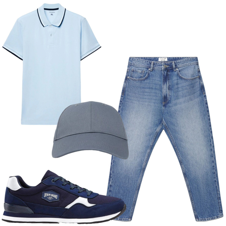 Outfit uomo - City. Stile Casual per Tutti i giorni. Abbinamento con sneakers, jeans, cappelli con visiera, polo.
