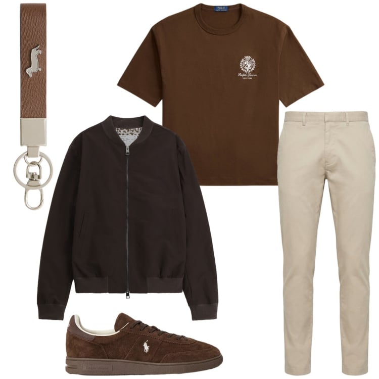 Outfit uomo - Total look #2417686. Stile Trendy per Tutti i giorni. Abbinamento con portachiavi, pantaloni, sneakers, t-shirt, bomber.