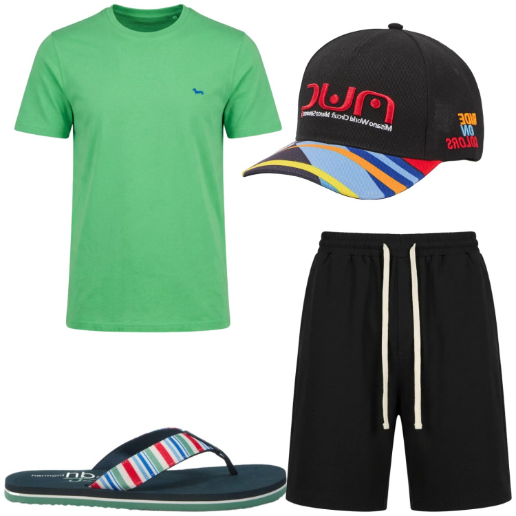 Outfit uomo - Total look #2417687. Stile Trendy per Mare. Abbinamento con t-shirt, sandali, cappelli con visiera, pantaloni corti.
