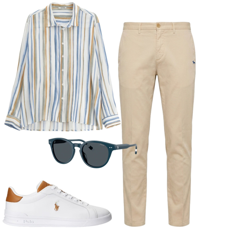 Outfit uomo - Aperitivo. Stile Casual per Serata speciale. Abbinamento con camicie, pantaloni chino, sneakers, occhiali da sole.
