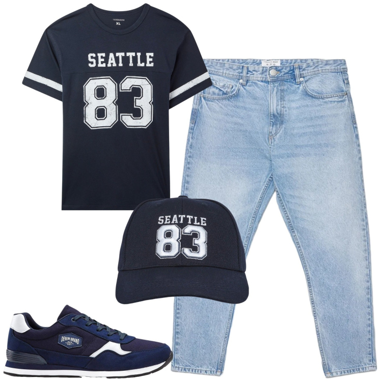 Outfit uomo - Total look #2417693. Stile Casual per Tutti i giorni. Abbinamento con sneakers, cappelli, t-shirt, jeans.