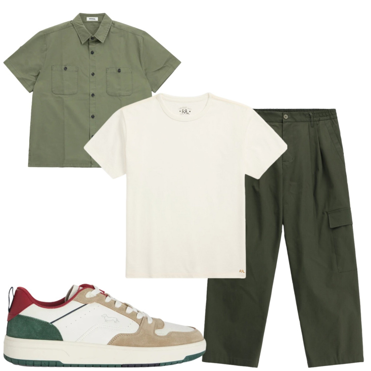 Outfit uomo - Total look #2417696. Stile Casual per Tutti i giorni. Abbinamento con sneakers, t-shirt, pantaloni cargo, camicie a manica corta.