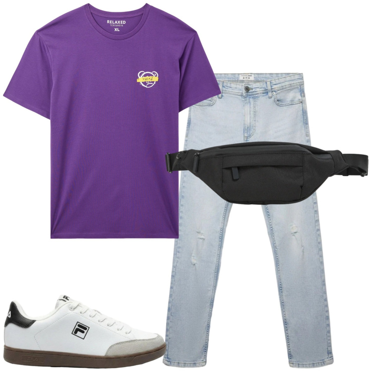 Outfit uomo - City. Stile Casual per Tutti i giorni. Abbinamento con sneakers, t-shirt, jeans strappati, borse sportive.