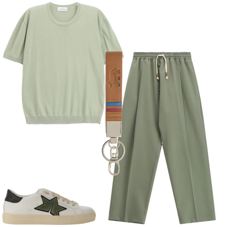 Outfit uomo - Green. Stile Casual per Tutti i giorni. Abbinamento con pantaloni, sneakers, t-shirt, portachiavi.