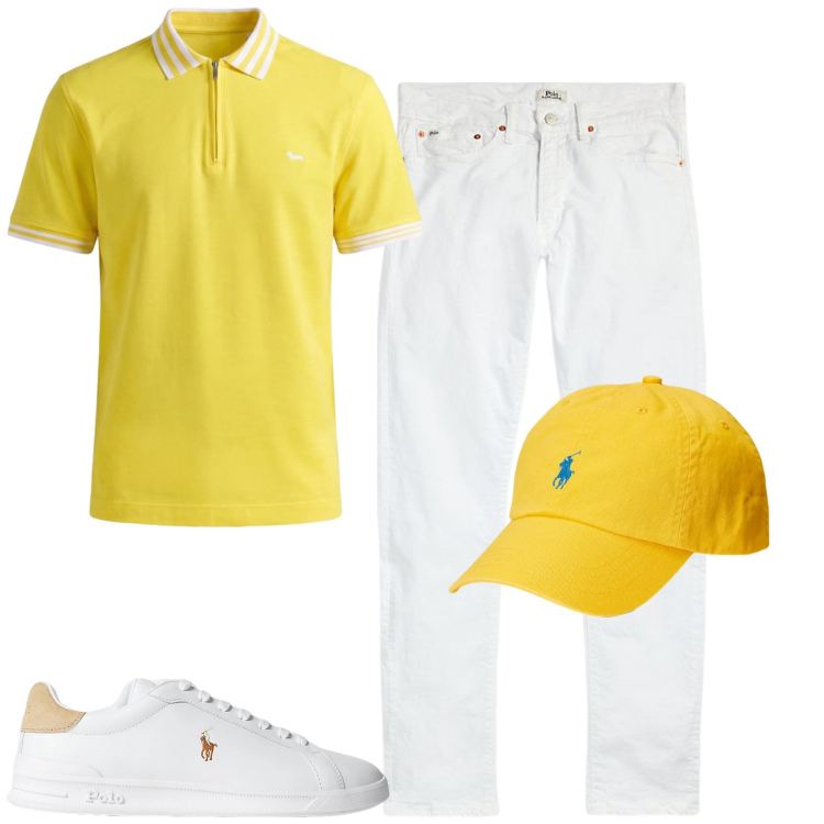 Outfit uomo - City. Stile Casual per Tutti i giorni. Abbinamento con polo, sneakers, jeans, cappelli con visiera.