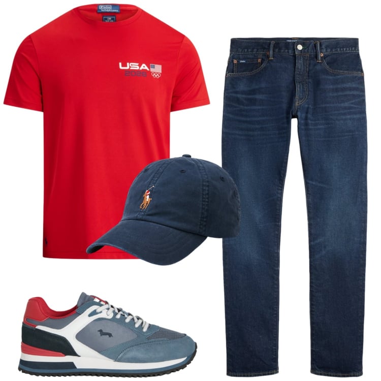 Outfit uomo - City. Stile Casual per Tutti i giorni. Abbinamento con sneakers, cappelli, jeans, t-shirt.