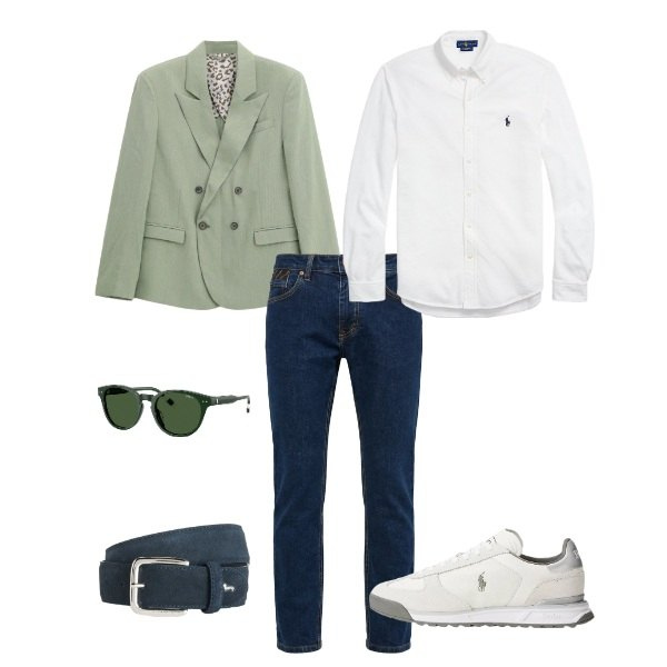 Outfit uomo - EASY. Stile Casual per Tutti i giorni. Abbinamento con pantaloni, cinture, giacche, sneakers, occhiali da sole, camicie.