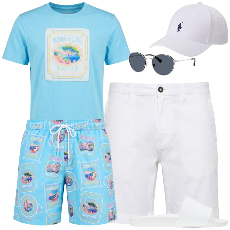 Outfit uomo - Al mare. Stile Casual per Mare. Abbinamento con bermuda, t-shirt, costumi, cappelli, occhiali da sole, sandali.