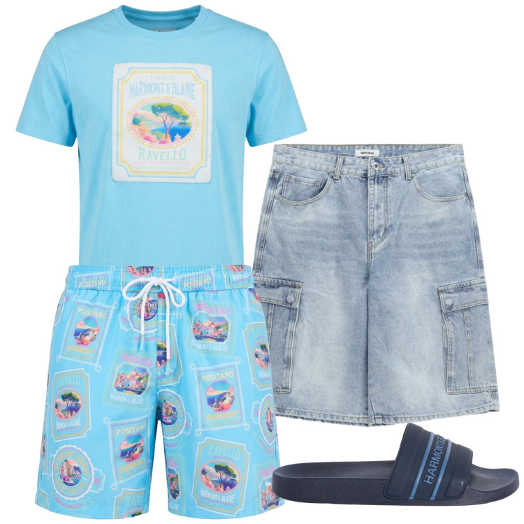 Outfit uomo - Al mare. Stile Casual per Mare. Abbinamento con bermuda, sandali, t-shirt, costumi.